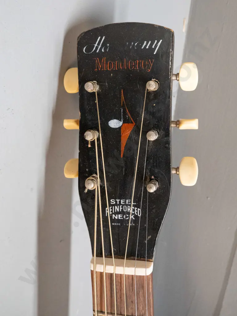 retro Harmony "Monterrey" archtop acoustic guitar - corrosion to metal tailpiece, crazing and scratches to finish, pick Image 1++