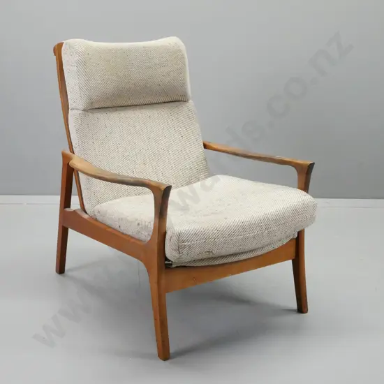 mid-century mahogany Don chair with Concord shape arms, overall wear to original surface, staining to arms, wear and
