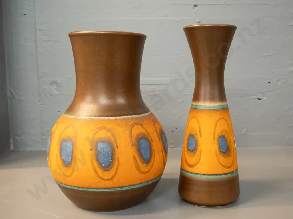 2 German pottery vases - matching brown, orange and blue patterns - slightly taller is H-260, other is D-190 Image 1++