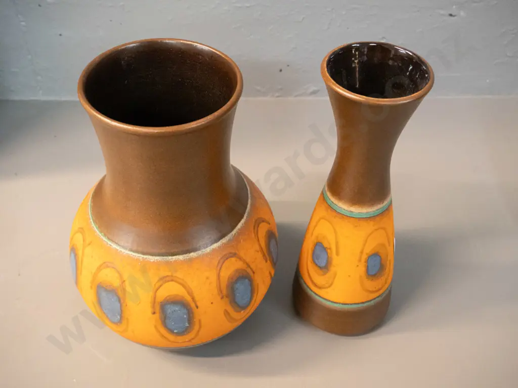 2 German pottery vases - matching brown, orange and blue patterns - slightly taller is H-260, other is D-190 Image 1++