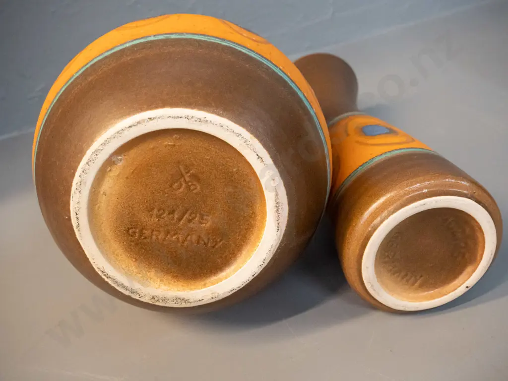 2 German pottery vases - matching brown, orange and blue patterns - slightly taller is H-260, other is D-190 Image 1++