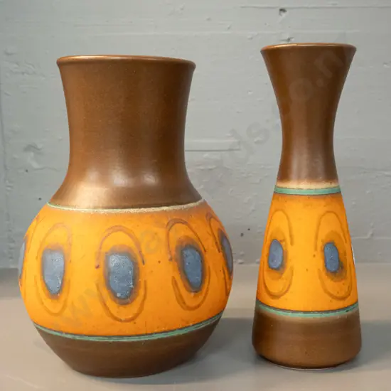 2 German pottery vases - matching brown, orange and blue patterns - slightly taller is H-260, other is D-190
