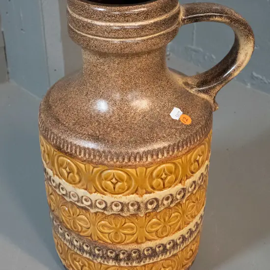 large German pottery jug with incised geometric patterned bands H-400