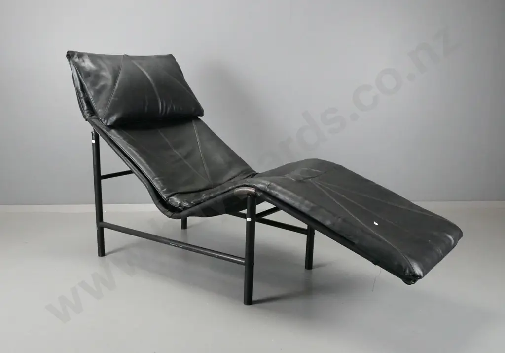 1980s Scandinavian (IKEA?) black leather lounger on tapered tubular steel frame - has had foot sleeve replaced with Image 1++