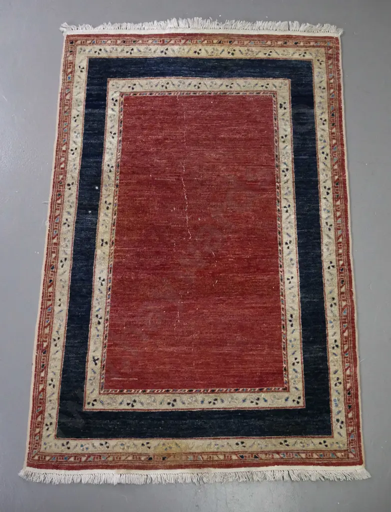 small Persian style hand knotted wool floor rug - red, blue & ivory - wear to centre and fading L-1500 W-980 Image 1++