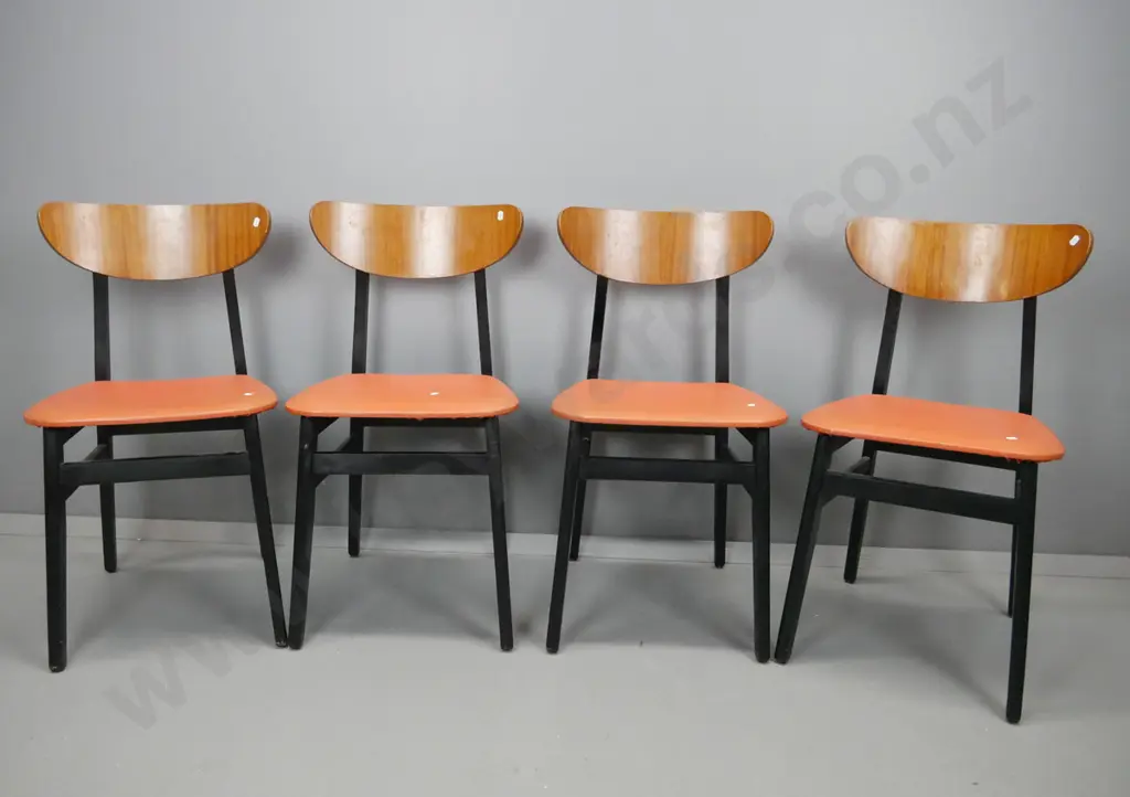 set of 4 vintage cafe chairs with shaped mahogany ply crescent shaped back, black painted frame, orange vinyl seat Image 1++