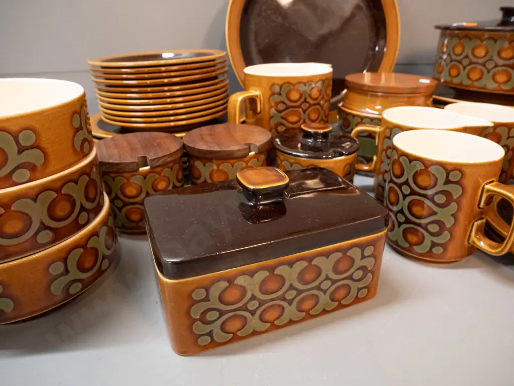 assorted Hornsea "Bronte" pattern dinnerware - 7 dinner plates, 6 sides, 4 coffee mugs, 8 cups & saucers, covered butter Image 1++