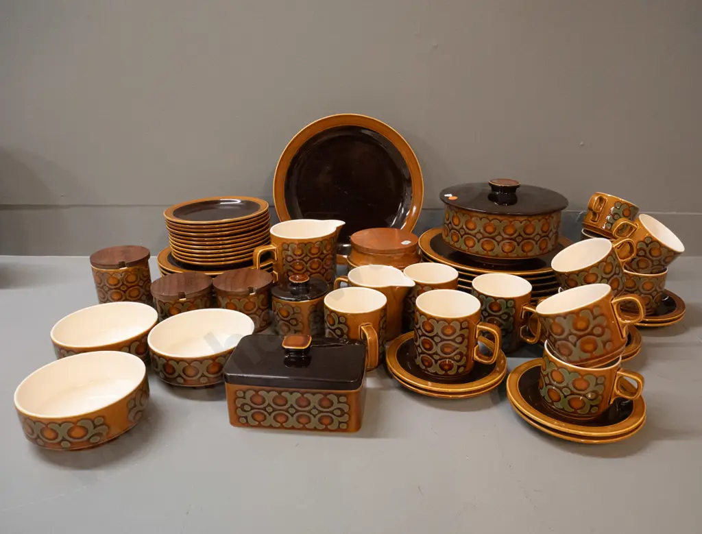 assorted Hornsea "Bronte" pattern dinnerware - 7 dinner plates, 6 sides, 4 coffee mugs, 8 cups & saucers, covered butter Image 1++