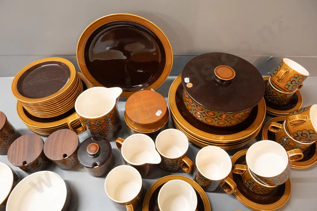 assorted Hornsea "Bronte" pattern dinnerware - 7 dinner plates, 6 sides, 4 coffee mugs, 8 cups & saucers, covered butter Image 1++