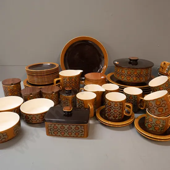 assorted Hornsea "Bronte" pattern dinnerware - 7 dinner plates, 6 sides, 4 coffee mugs, 8 cups & saucers, covered butter