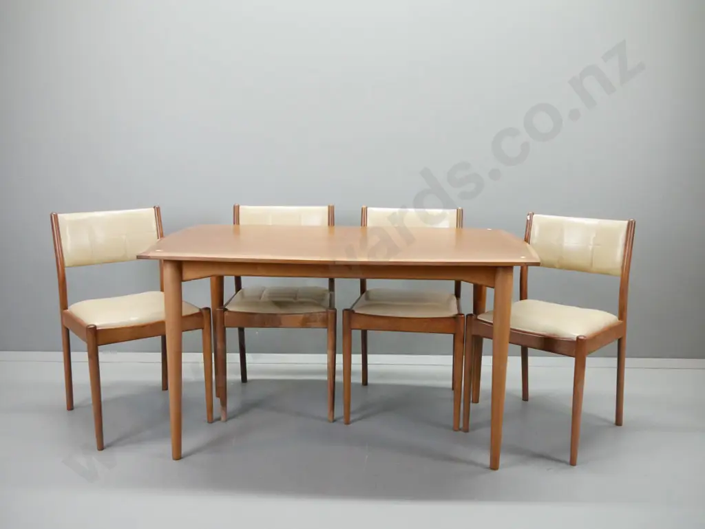 retro mahogany extending dining table with fold-out leaf and 4 vinyl upholstered chairs w/ square section stitching - Image 1++