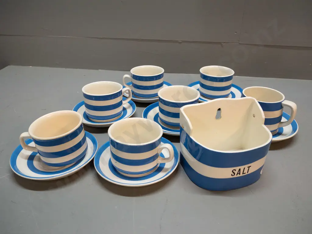 T.G. Green blue striped Cornish ware items - 7 cups & saucers (3 larger size) and a hanging salt bin with missing lid Image 1++