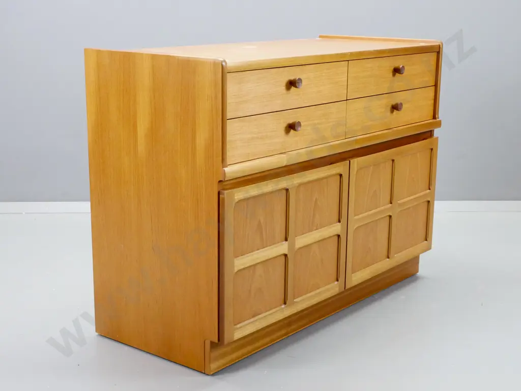 mid-century Parker Knoll teak small sideboard with 2 drawers over 2 panelled cupboard doors, one drawer w/divider H-755 Image 1++