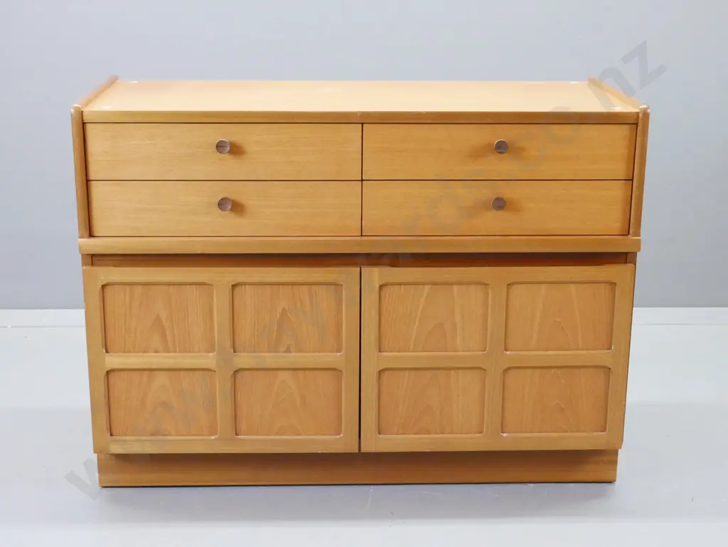 mid-century Parker Knoll teak small sideboard with 2 drawers over 2 panelled cupboard doors, one drawer w/divider H-755 Image 1++