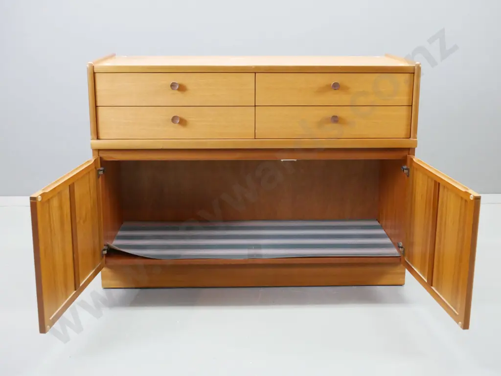 mid-century Parker Knoll teak small sideboard with 2 drawers over 2 panelled cupboard doors, one drawer w/divider H-755 Image 1++