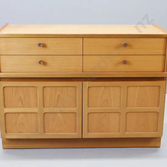 mid-century Parker Knoll teak small sideboard with 2 drawers over 2 panelled cupboard doors, one drawer w/divider H-755