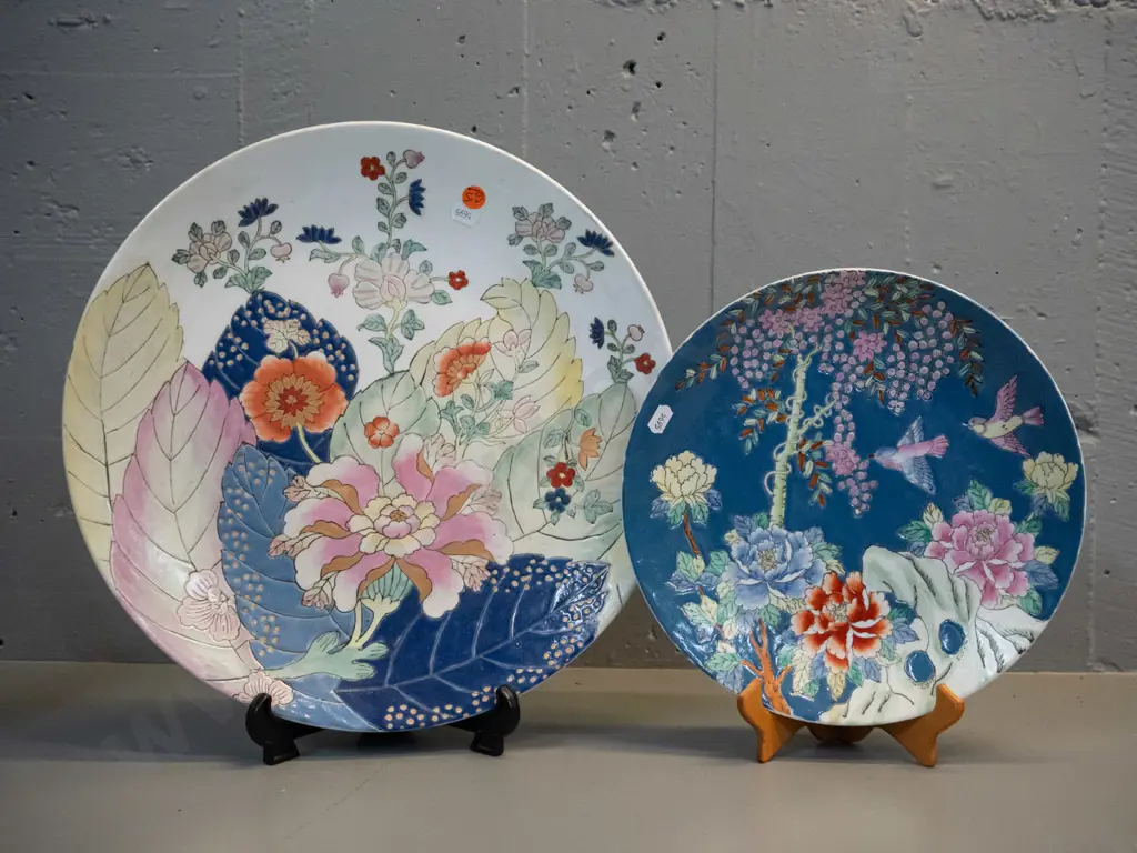 2 Chinese display plates - floral & bird motifs - larger is D-360, has faint stamped "not for food use" warning, other Image 1++