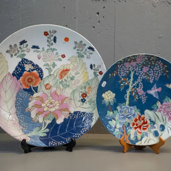 2 Chinese display plates - floral & bird motifs - larger is D-360, has faint stamped "not for food use" warning, other