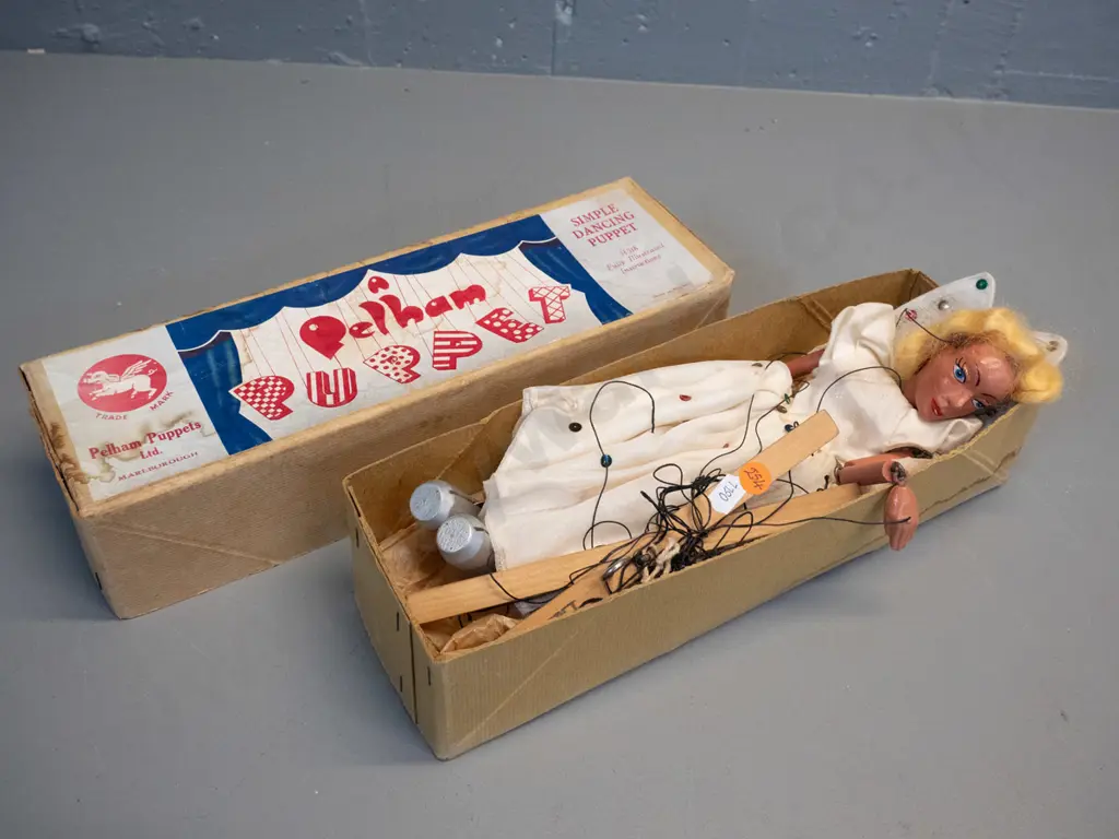 restorer's Pelham puppet in original box - angel figure, head is detached, cords tangled. Approx. L-310 Image 1++