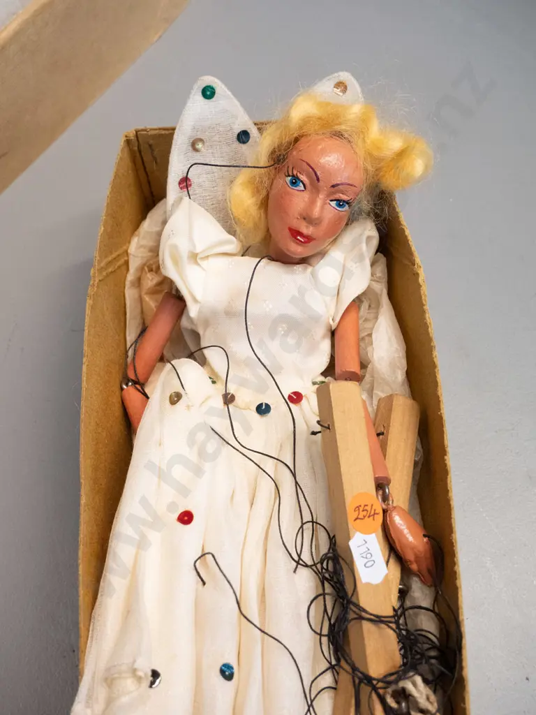 restorer's Pelham puppet in original box - angel figure, head is detached, cords tangled. Approx. L-310 Image 1++