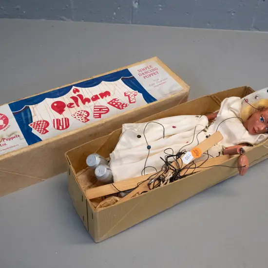 restorer's Pelham puppet in original box - angel figure, head is detached, cords tangled. Approx. L-310