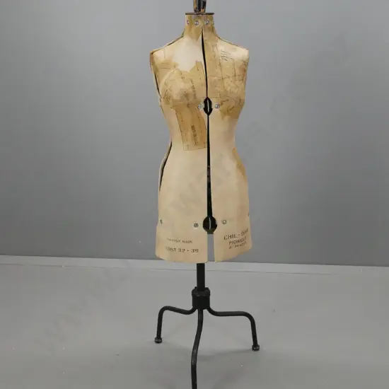 vintage fabric and metal Chil-Daw adjustable dressmaker's form with wooden top handle - marked 344739