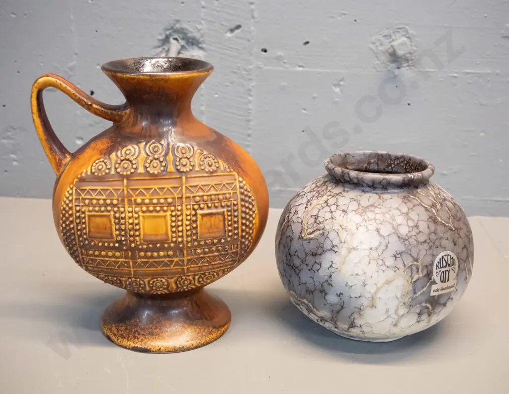 2 German pottery vases - ball vase with "Ruscha Art" label and a brown jug with raised designs H-210 Image 1++