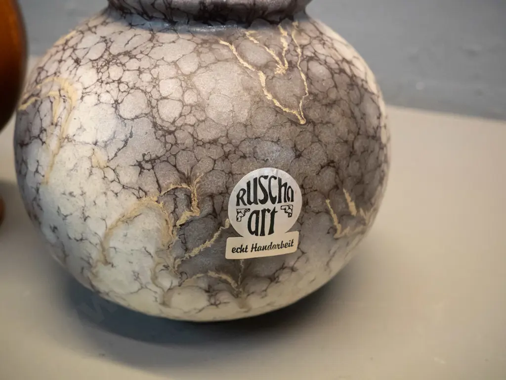 2 German pottery vases - ball vase with "Ruscha Art" label and a brown jug with raised designs H-210 Image 1++