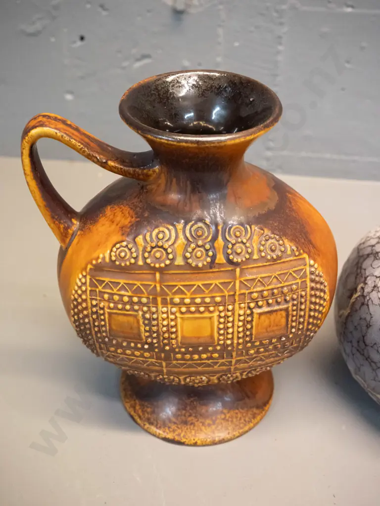 2 German pottery vases - ball vase with "Ruscha Art" label and a brown jug with raised designs H-210 Image 1++