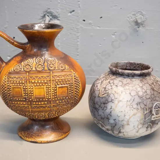2 German pottery vases - ball vase with "Ruscha Art" label and a brown jug with raised designs H-210