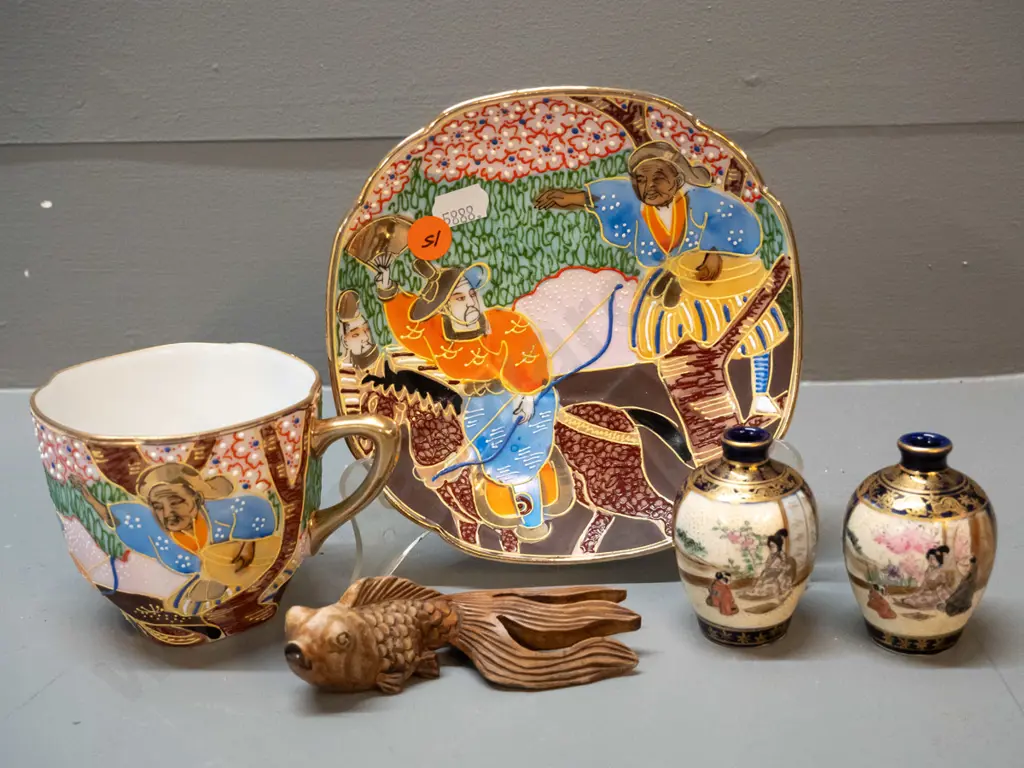 Japnese cup & saucer with raised and hand painted decoration, 2 miniature Satsuma style vases and a composite koi figure Image 1++