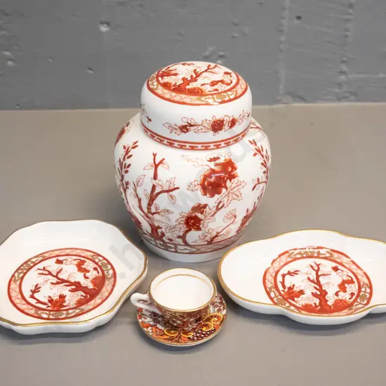 3 pieces of Coalport India Tree coral china - small cover pot H-120 and 2 trinket dishes - and a miniature cup &