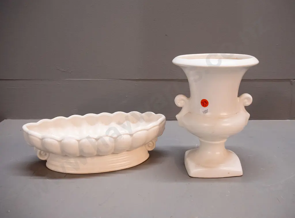 NZ trough vase with faint mark Titian Studios B-108 and an urn vase H-200, no maker's marks, has metal frog inside Image 1++