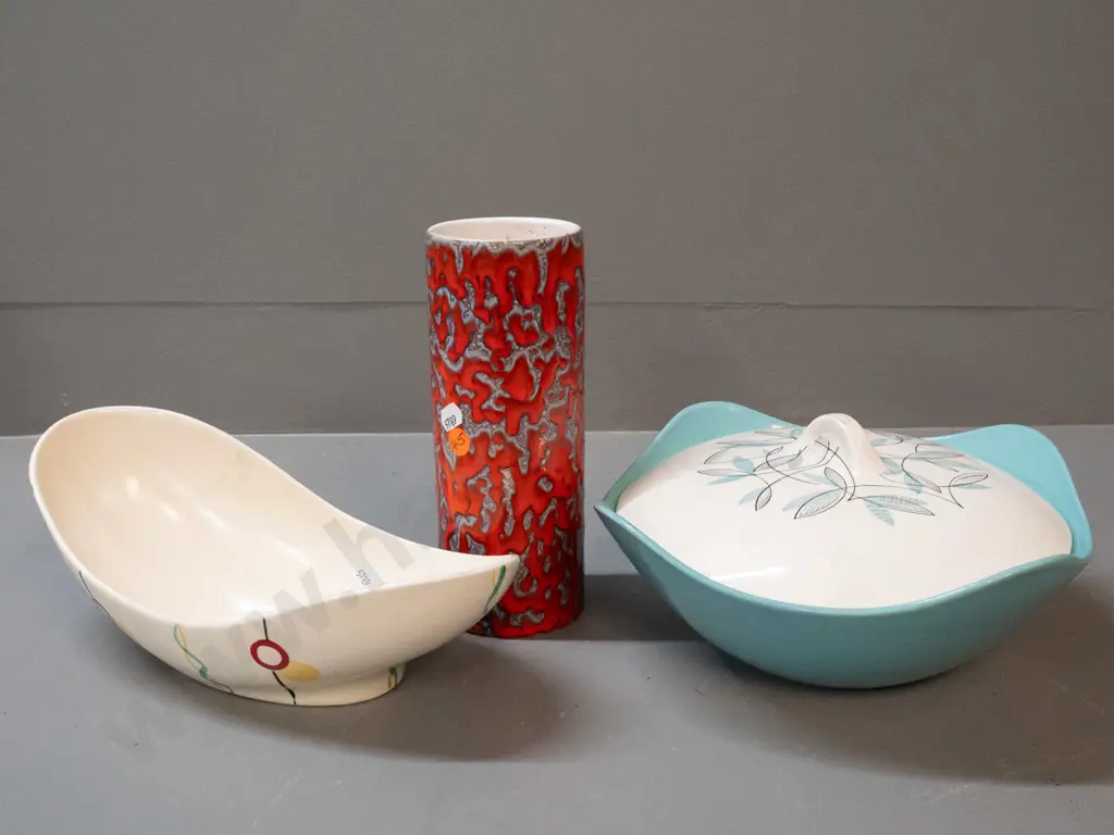 3 retro items - German pottery lava canister vase, Crown Devon bowl L-270, Stylecraft lidded vegetable. Crazing inside Image 1++