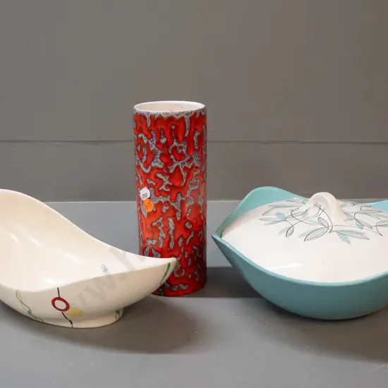 3 retro items - German pottery lava canister vase, Crown Devon bowl L-270, Stylecraft lidded vegetable. Crazing inside