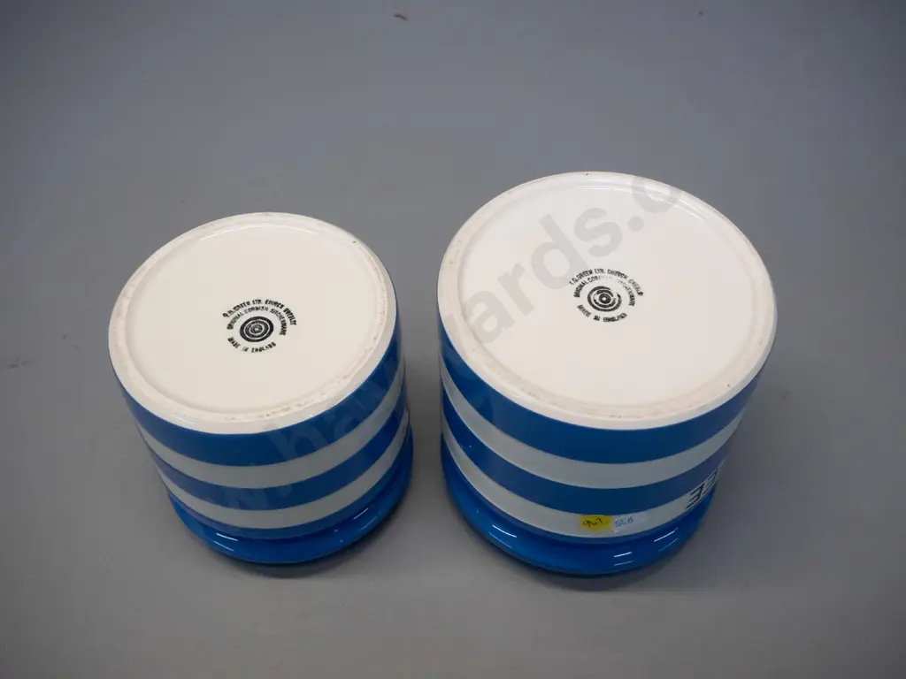 2 TG Greene blue and white Cornish ware canisters with cork lids - coffee is H-140 D-130 Image 1++