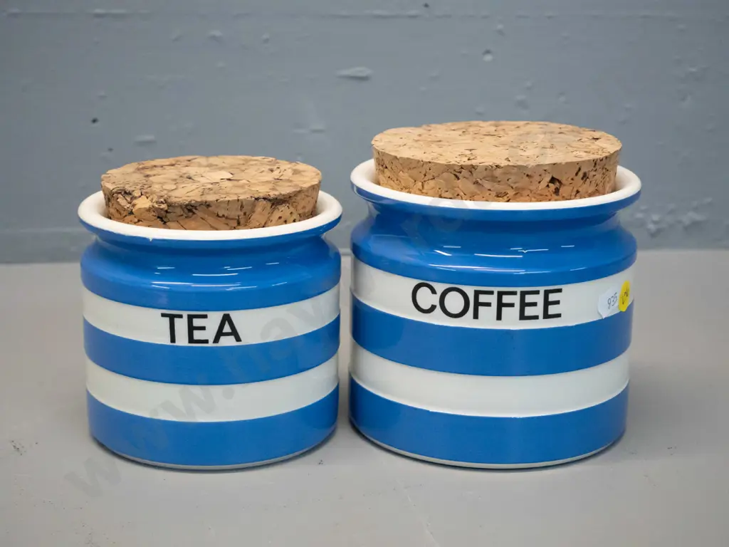 2 TG Greene blue and white Cornish ware canisters with cork lids - coffee is H-140 D-130 Image 1++