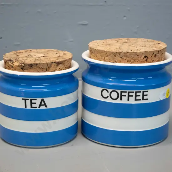 2 TG Greene blue and white Cornish ware canisters with cork lids - coffee is H-140 D-130