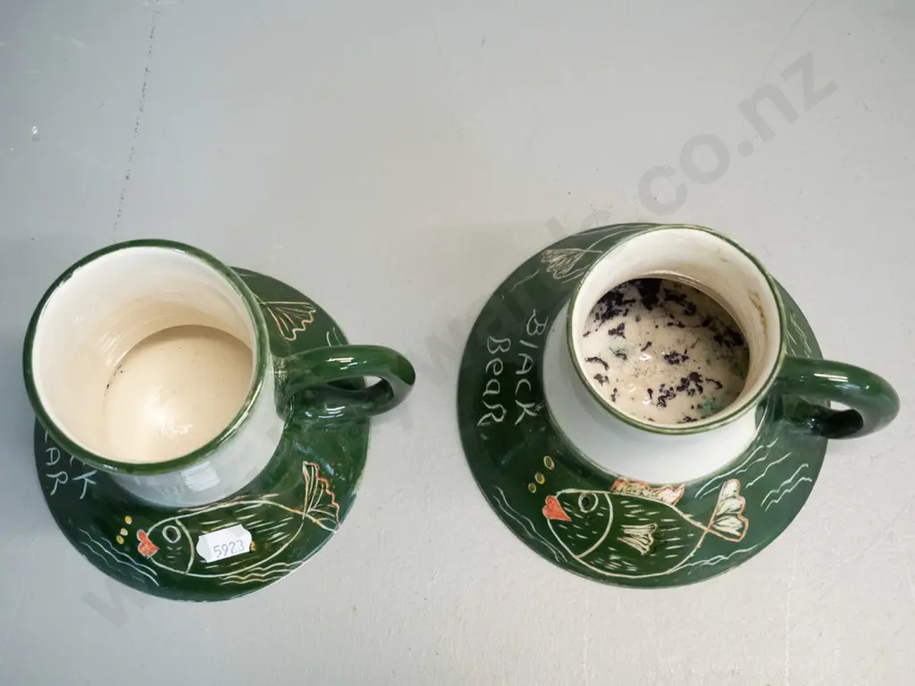2 NZ studio pottery wide-based mugs marked PS and Carey's Bay H-100 and a Royal Doulton stoneware jug H-150. Mugs have Image 1++