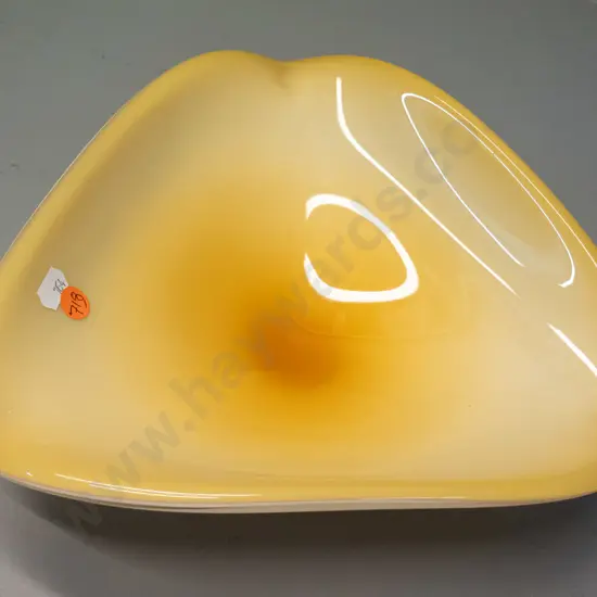 art glass triangular bowl - light amber over white H95 W265
