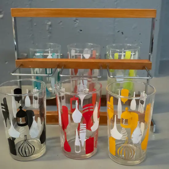 retro drinking glass set - 6 mutli-colour decorated glasses in chrome and timber stand H-195 W-240 D-150