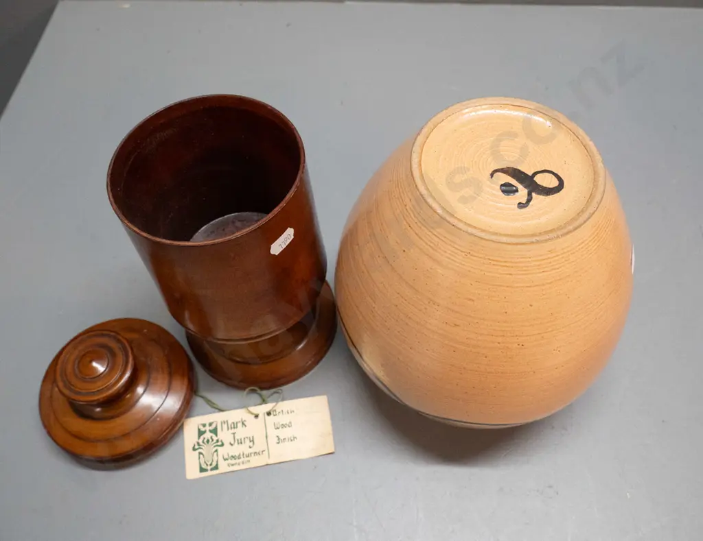 turned NZ beech lidded canister by Mark Jury Dunedin H-250 D-115 and a studio pottery vase with unknown mark Image 1++
