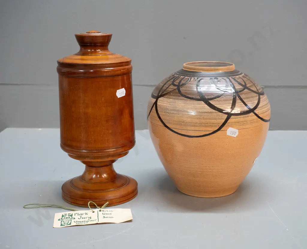 turned NZ beech lidded canister by Mark Jury Dunedin H-250 D-115 and a studio pottery vase with unknown mark Image 1++