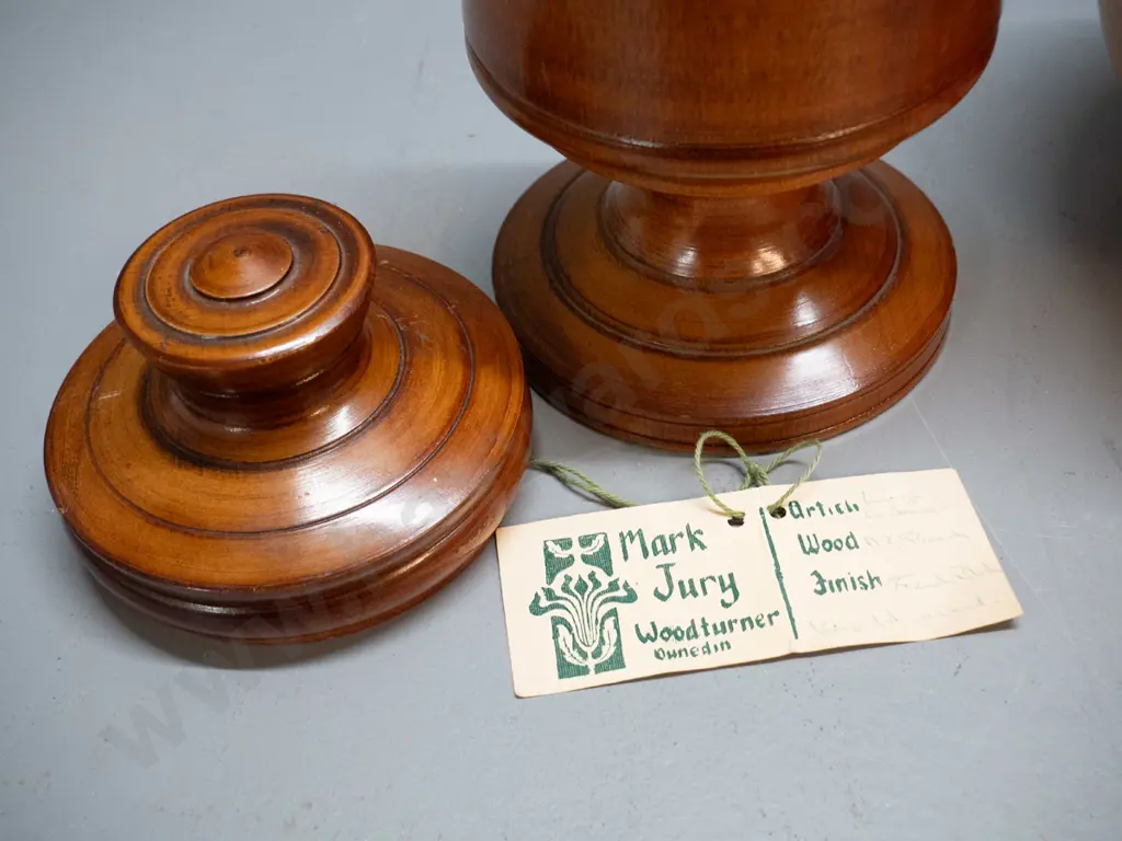 turned NZ beech lidded canister by Mark Jury Dunedin H-250 D-115 and a studio pottery vase with unknown mark Image 1++