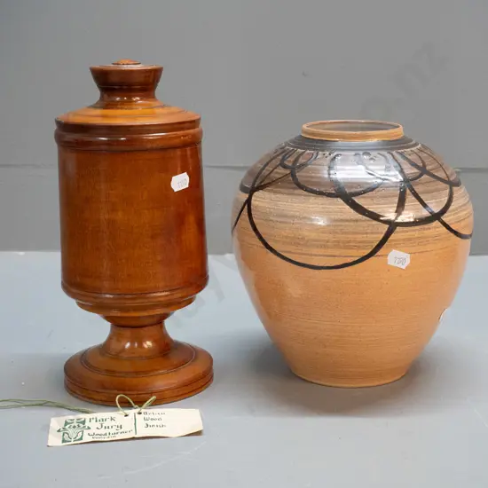 turned NZ beech lidded canister by Mark Jury Dunedin H-250 D-115 and a studio pottery vase with unknown mark