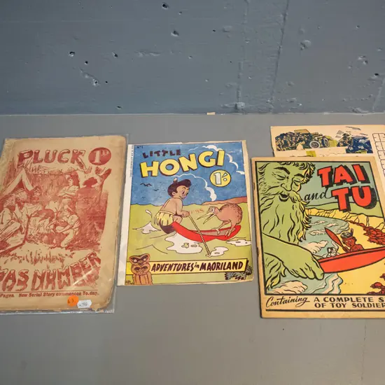 vintage "Little Hongi" comic No. 1, has had edges roughly trimmed with scissors, circa 1940s "Tai and Tu" booklet w/ cut