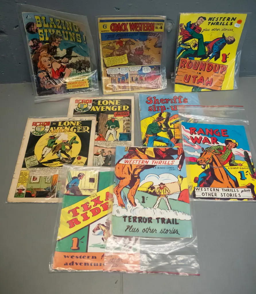assorted vintage western comics - Lone Avenger, Western Thrills, Blazing Sixguns, etc. Image 1++