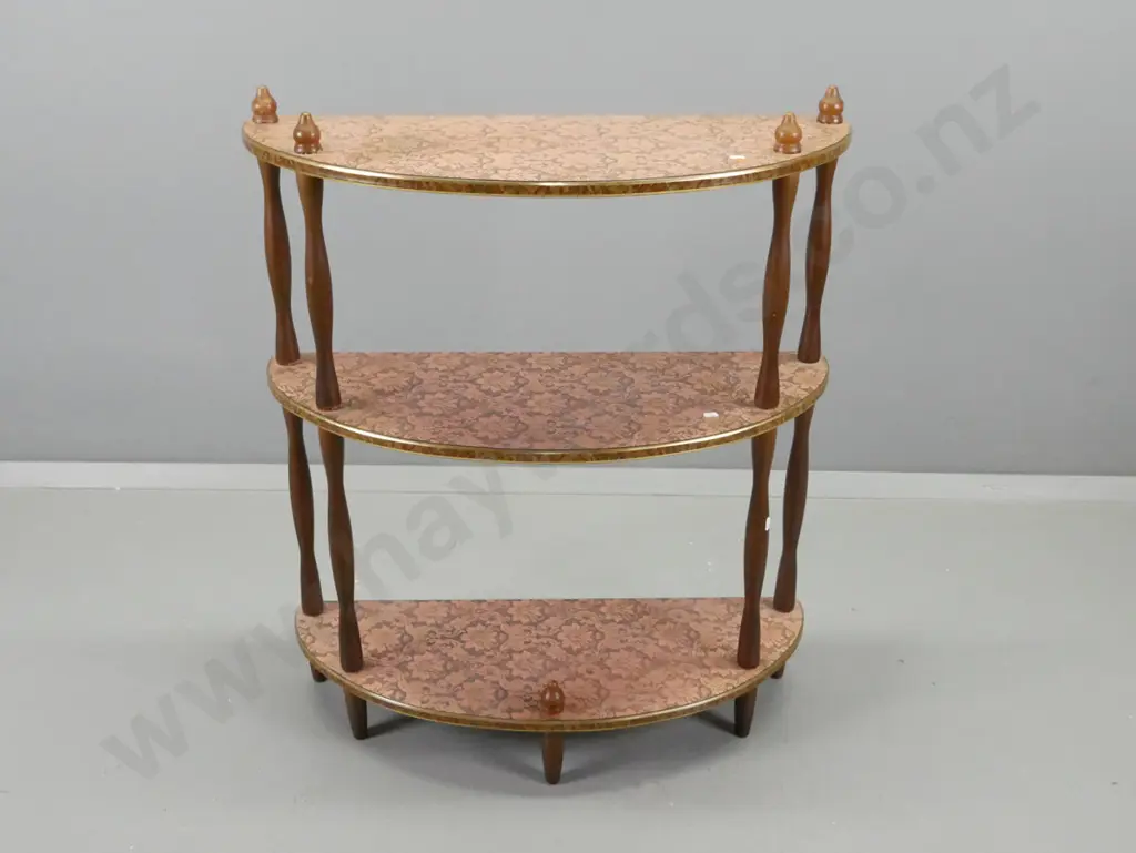 retro D-front whatnot with embossed copper shelves, turned supports and finials, some flexing H-900 W-750 D-295 Image 1++