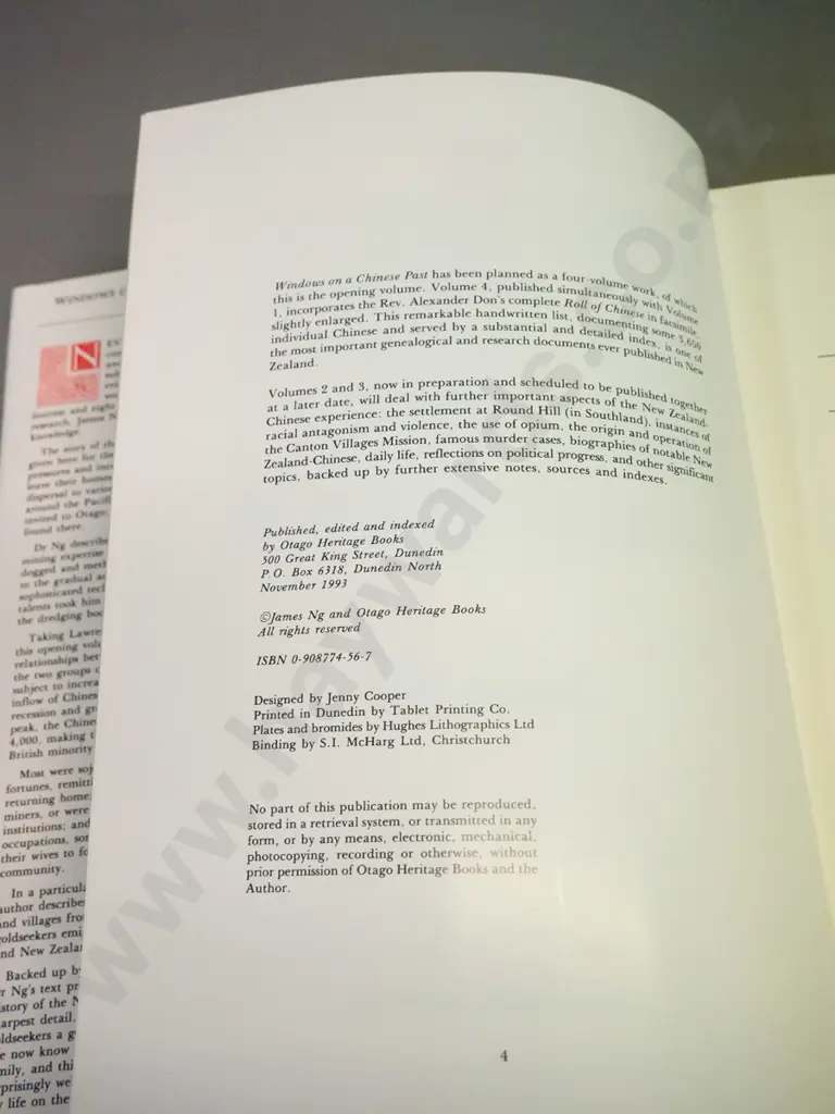 hard cover book - Windows on a Chinese Past, Volume 1 by James Ng - pub. Otago Heritage books November 1993 Image 1++