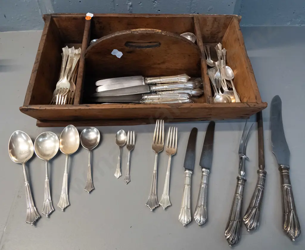 assorted vintage plated cutlery in handled wooden tray - most is "Harrison Bros. and Howson" includes servers etc - some Image 1++